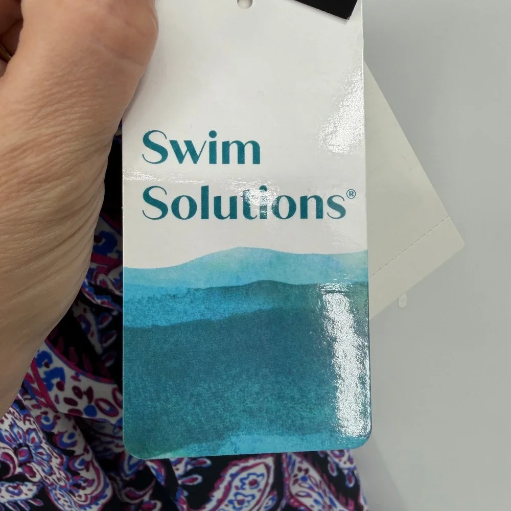 Swim Solutions Bow Front Swim Dress Womens 10 Black Multi Paisley Floral 807095